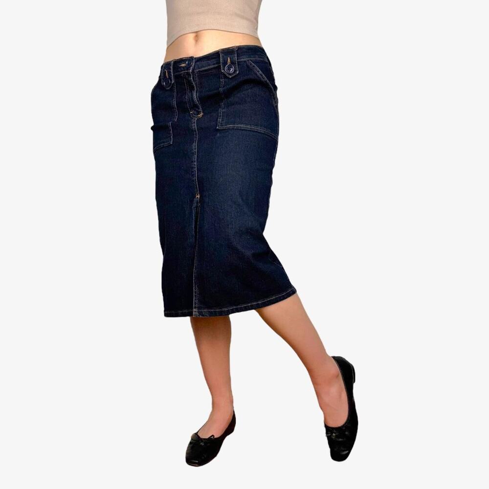 Dark wash denim midi pencil skirt